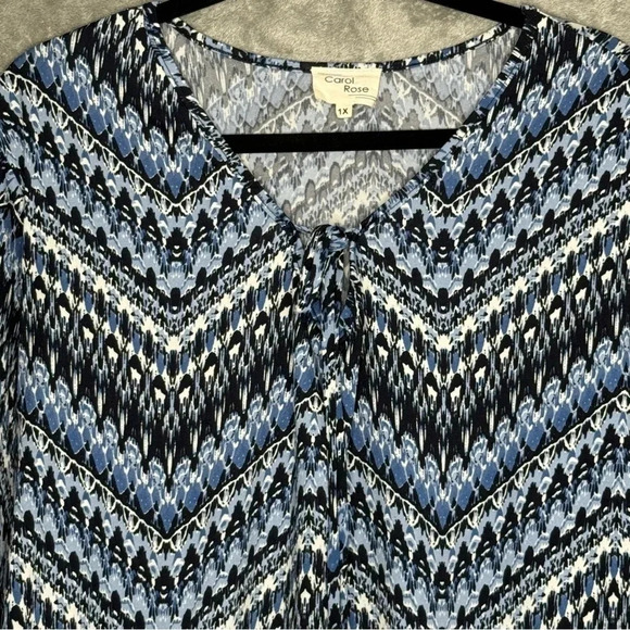 Carol Rose 1X Shirt Top Blue Chevron Striped Keyhole V Neck Flounce 3/4 Sleeve - Picture 3 of 8